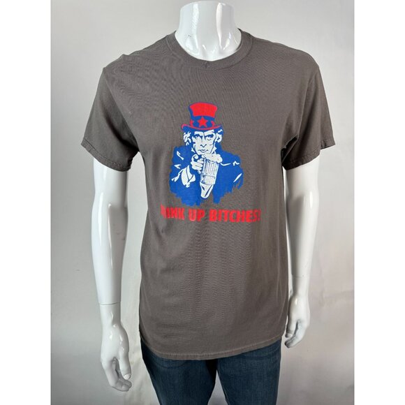 Gildan Heavy Cotton Gray Graphic T-Shirt "Drink Up!" Uncle Sam Design M - Picture 10 of 16